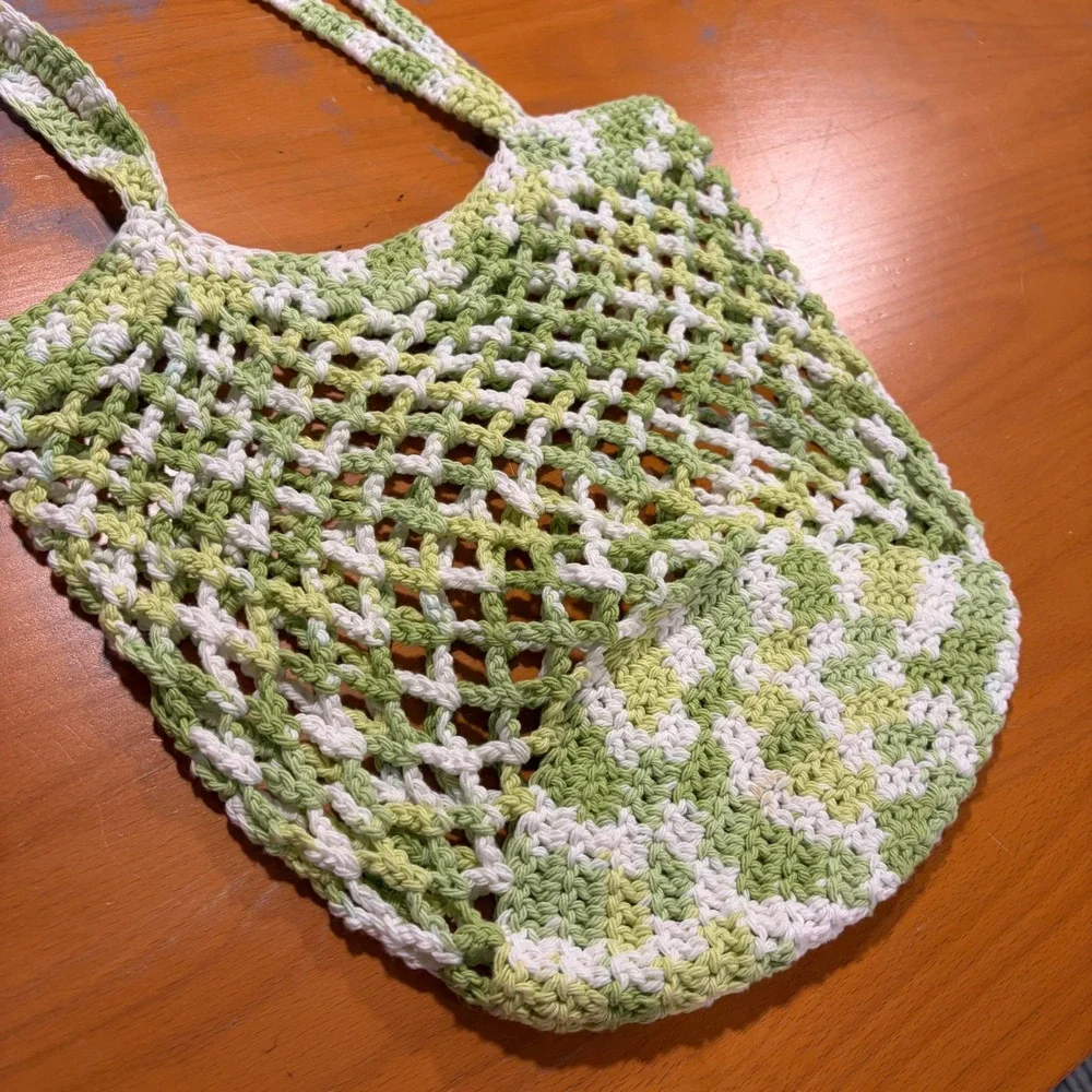 Handmade Crochet Market Bag Green White Variegated Mesh Net Tote Boho Cotton